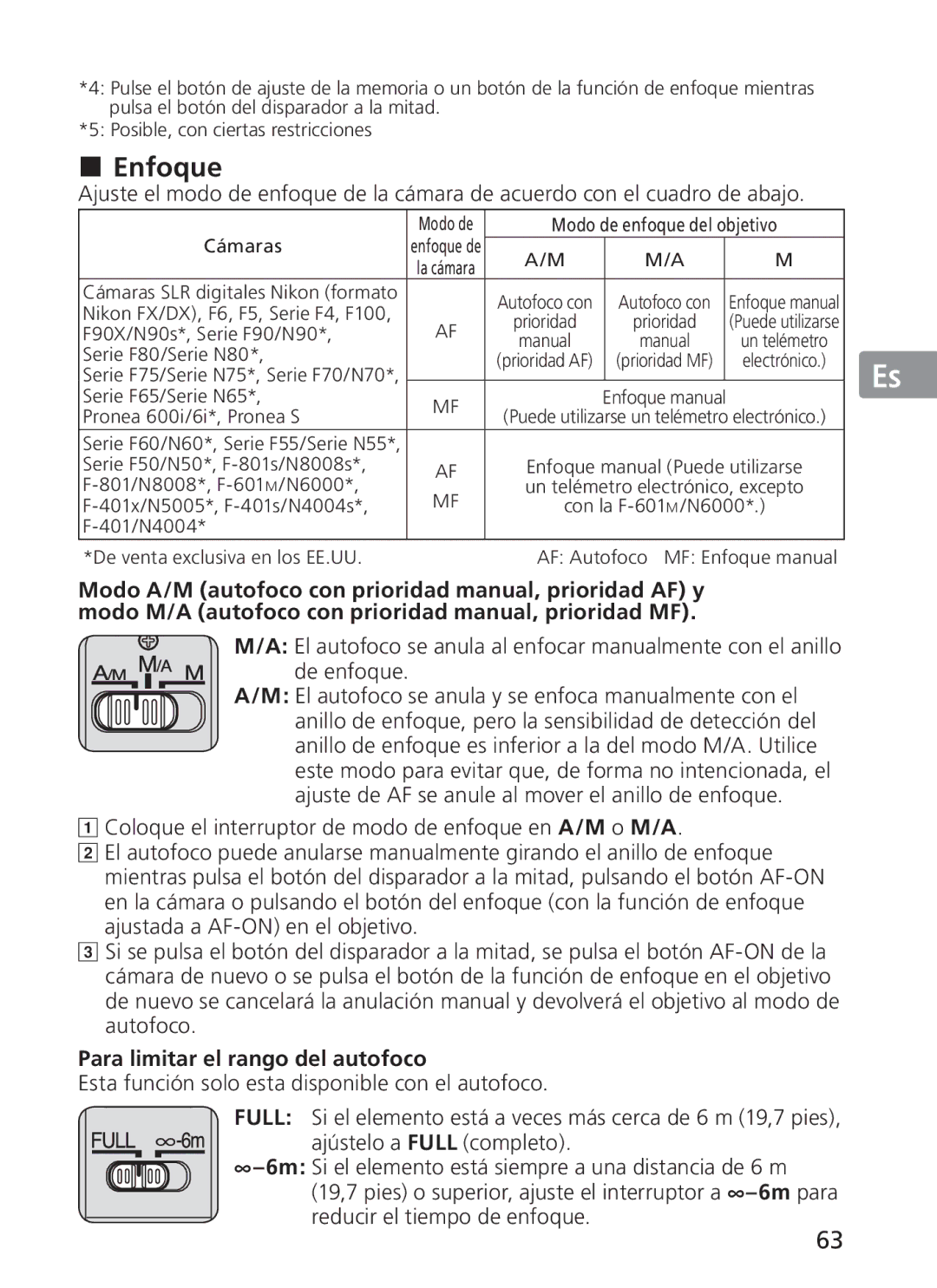 Nikon 2187 manual Enfoque, Para limitar el rango del autofoco 