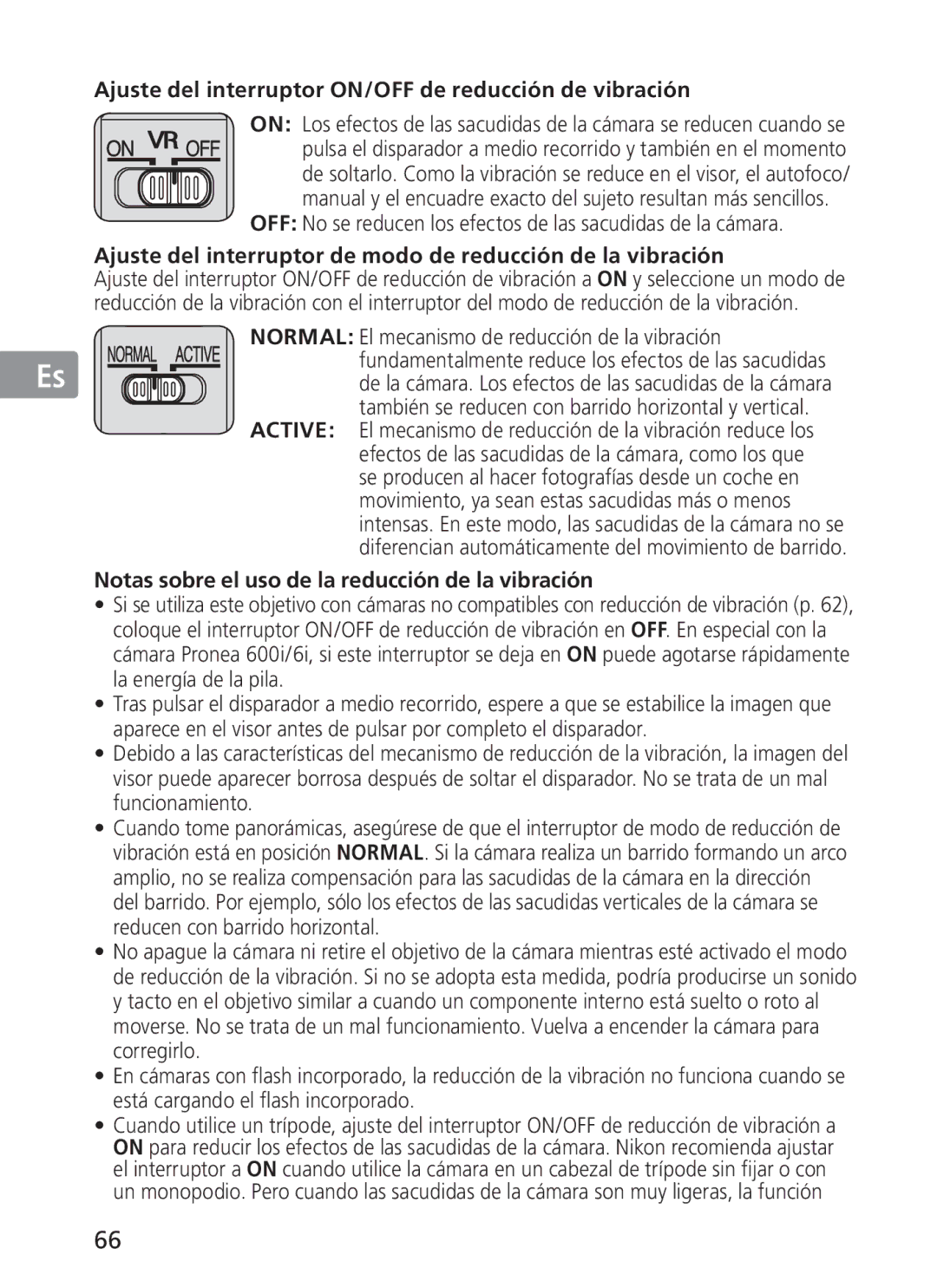 Nikon 2187 Ajuste del interruptor ON/OFF de reducción de vibración, Notas sobre el uso de la reducción de la vibración 