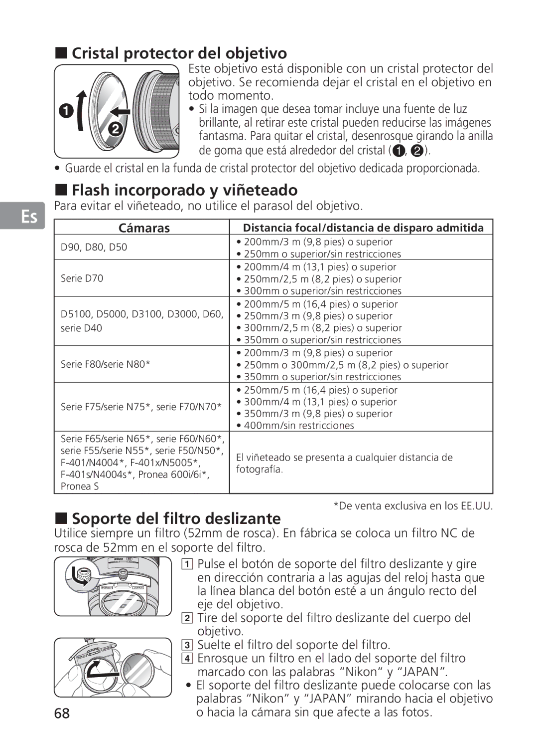 Nikon 2187 manual Cristal protector del objetivo, Flash incorporado y viñeteado, Soporte del filtro deslizante, Cámaras 