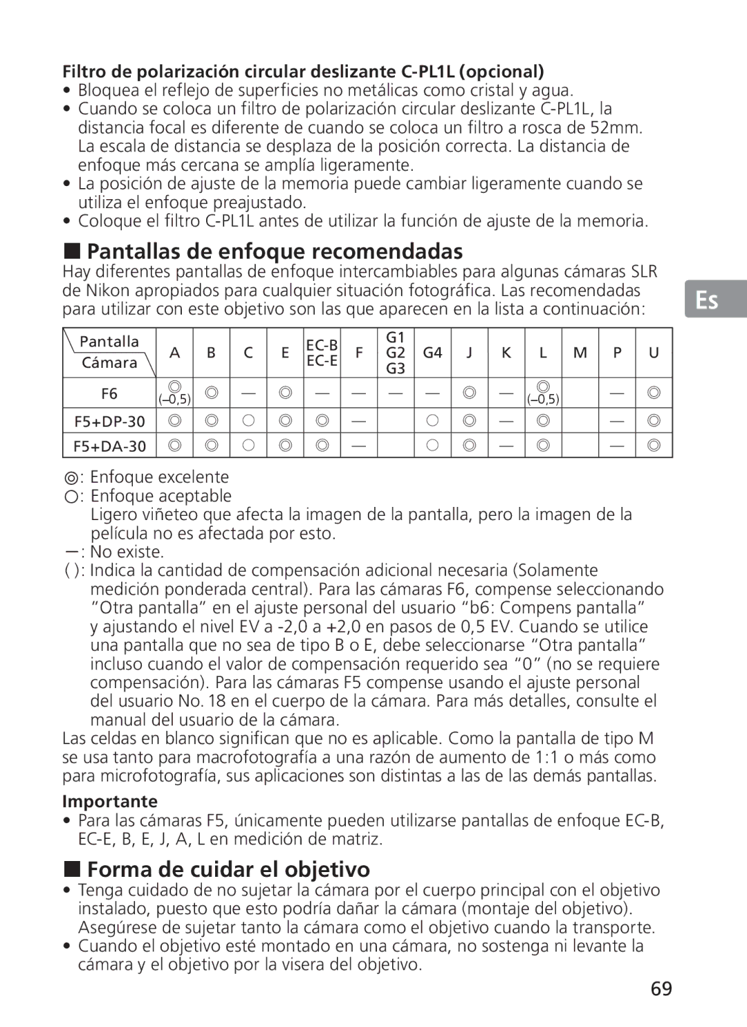 Nikon 2187 manual Pantallas de enfoque recomendadas, Forma de cuidar el objetivo, Cámara F5+DP-30 F5+DA-30 