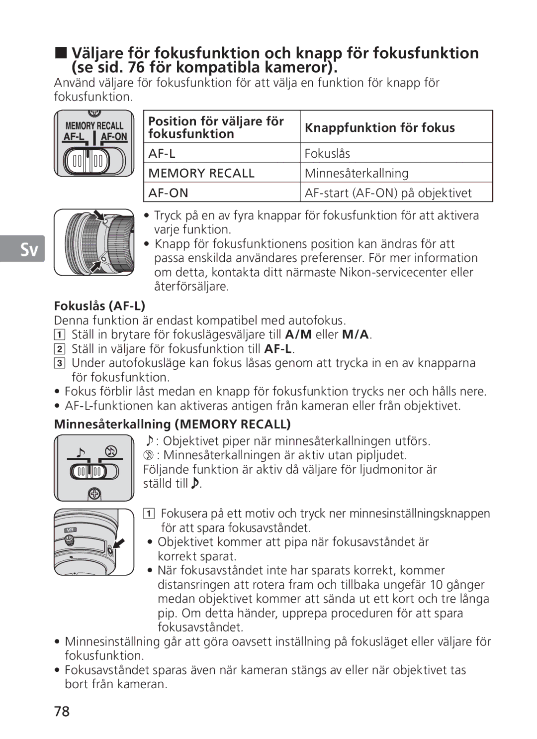 Nikon 2187 manual AF-start AF-ON på objektivet, Fokuslås AF-L, Minnesåterkallning Memory Recall 