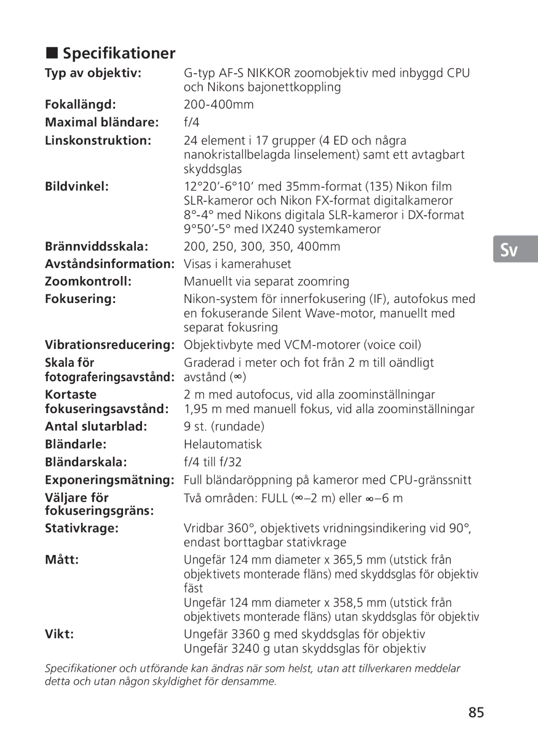 Nikon 2187 manual Specifikationer 