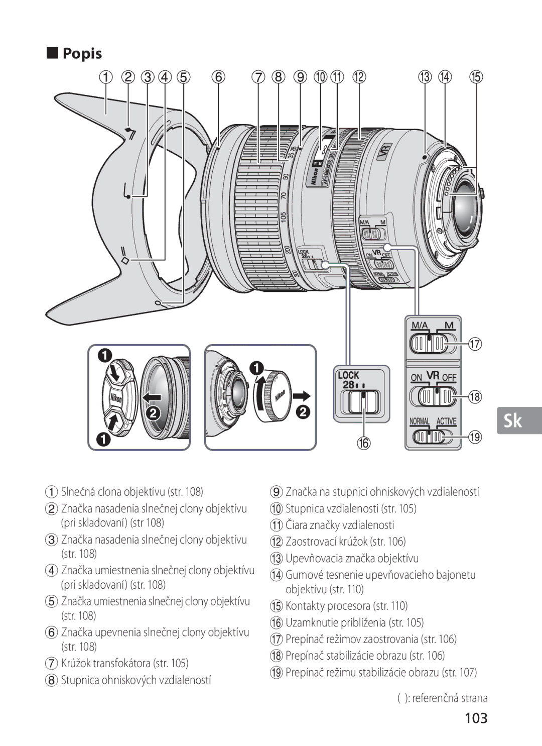 Nikon 2191 manual Popis, 103, Slnečná clona objektívu str, Značka nasadenia slnečnej clony objektívu str 