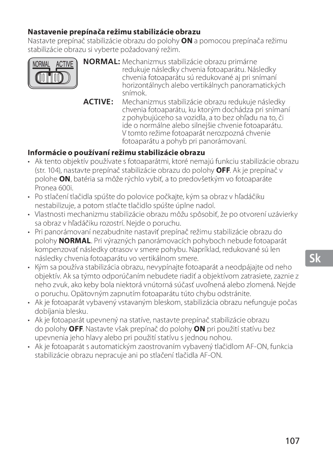 Nikon 2191 manual 107, Nastavenie prepínača režimu stabilizácie obrazu, Informácie o používaní režimu stabilizácie obrazu 