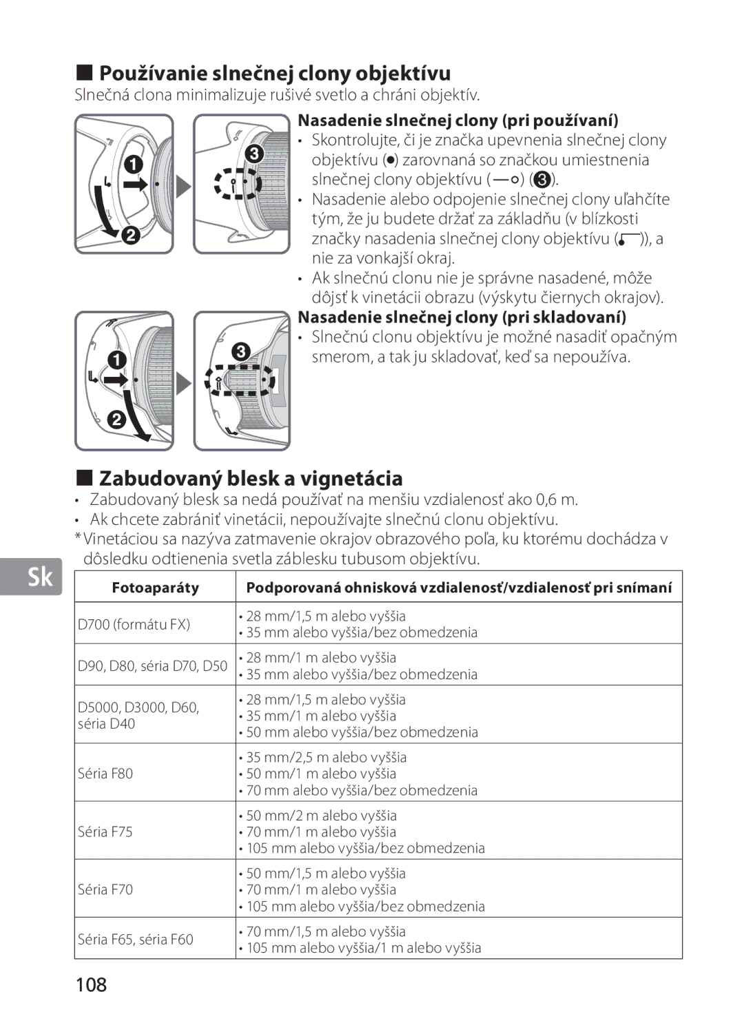 Nikon 2191 Používanie slnečnej clony objektívu, Zabudovaný blesk a vignetácia, 108, Nasadenie slnečnej clony pri používaní 