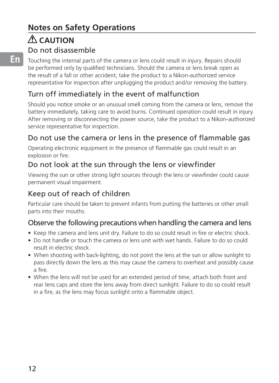 Nikon 2191 manual Do not disassemble, Turn off immediately in the event of malfunction, Keep out of reach of children 