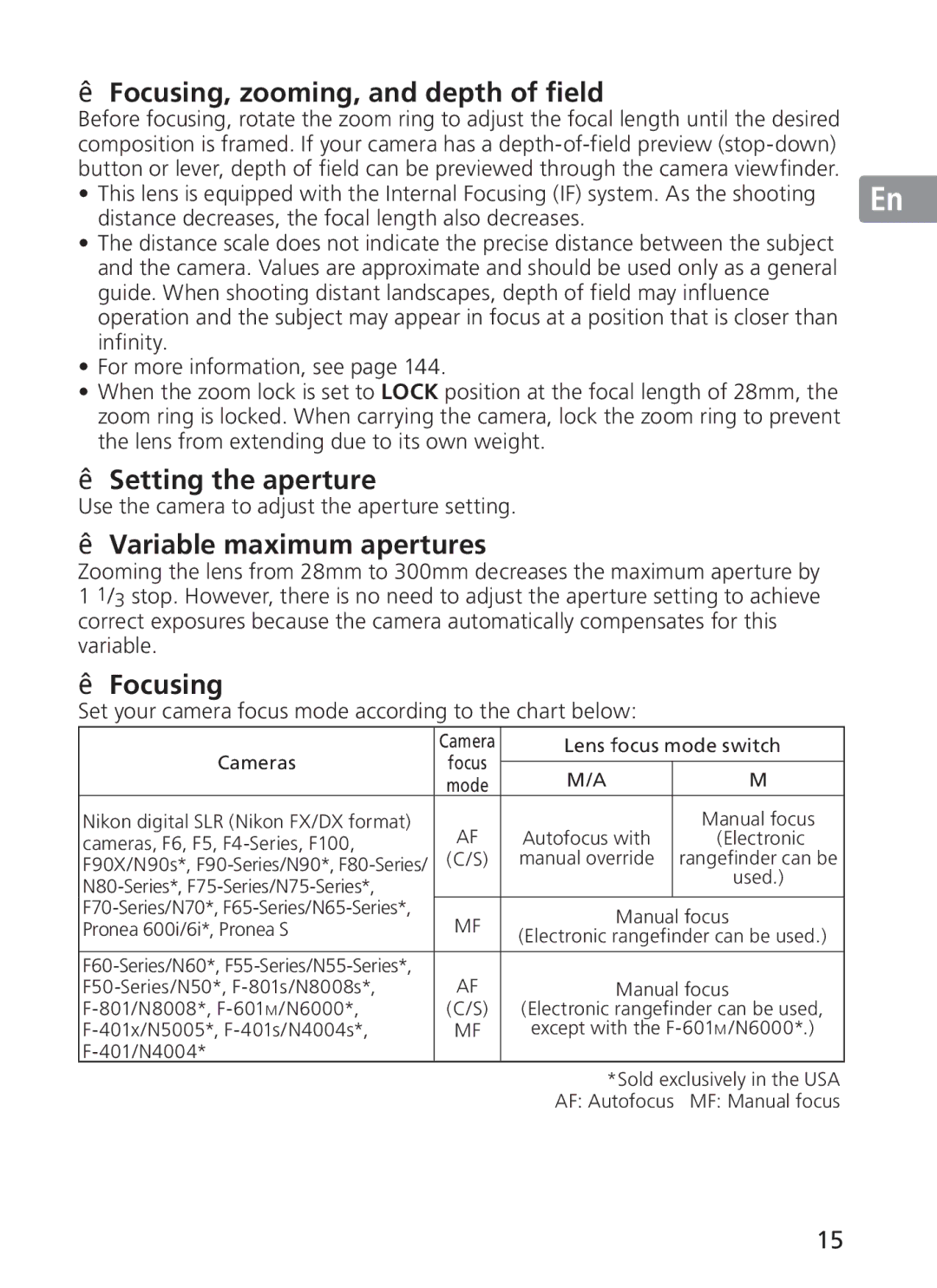 Nikon 2191 manual Focusing, zooming, and depth of field, Setting the aperture, Variable maximum apertures 