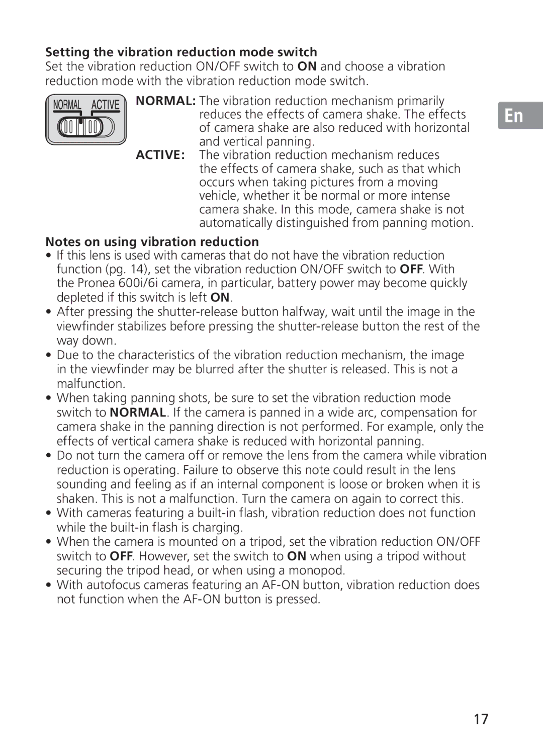 Nikon 2191 manual Setting the vibration reduction mode switch 