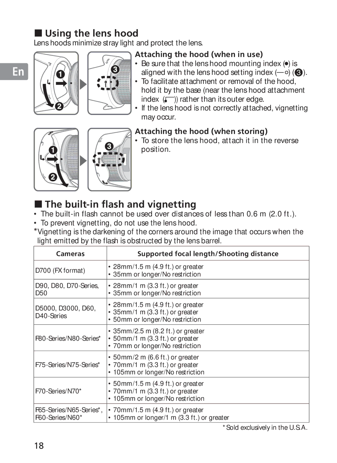 Nikon 2191 manual Using the lens hood, Built-in flash and vignetting, Attaching the hood when in use 