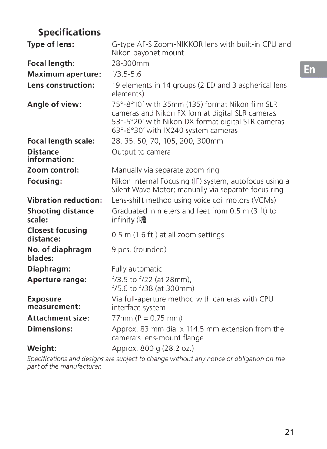 Nikon 2191 manual Specifications 