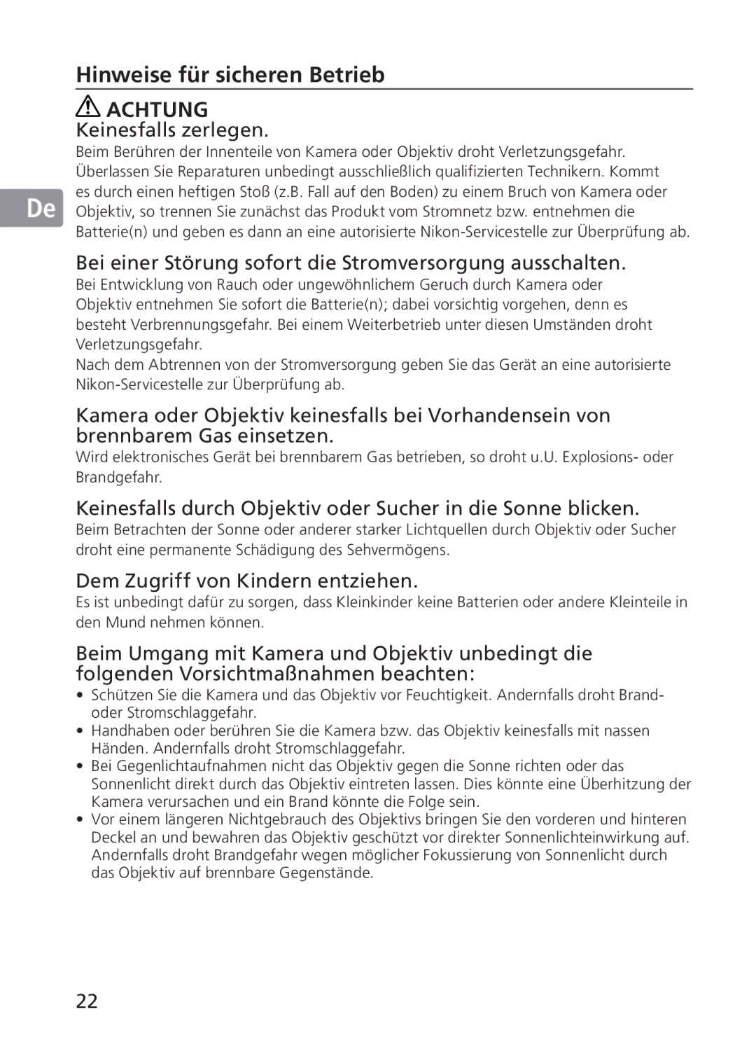 Nikon 2191 Hinweise für sicheren Betrieb, Keinesfalls zerlegen, Bei einer Störung sofort die Stromversorgung ausschalten 