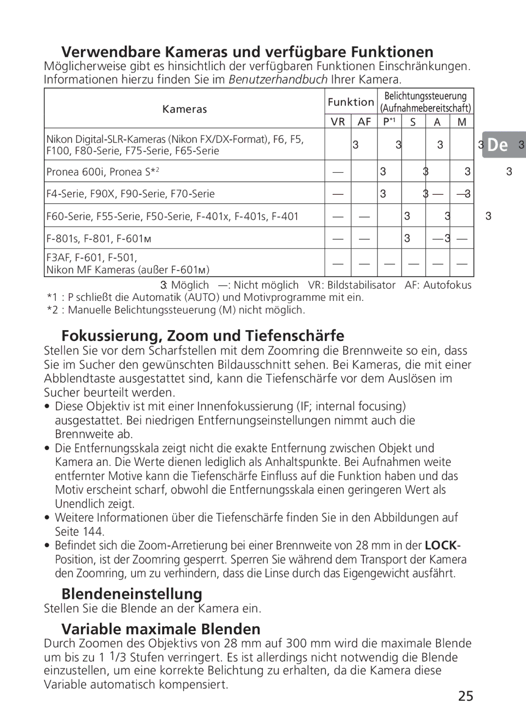 Nikon 2191 manual Verwendbare Kameras und verfügbare Funktionen, Fokussierung, Zoom und Tiefenschärfe, Blendeneinstellung 