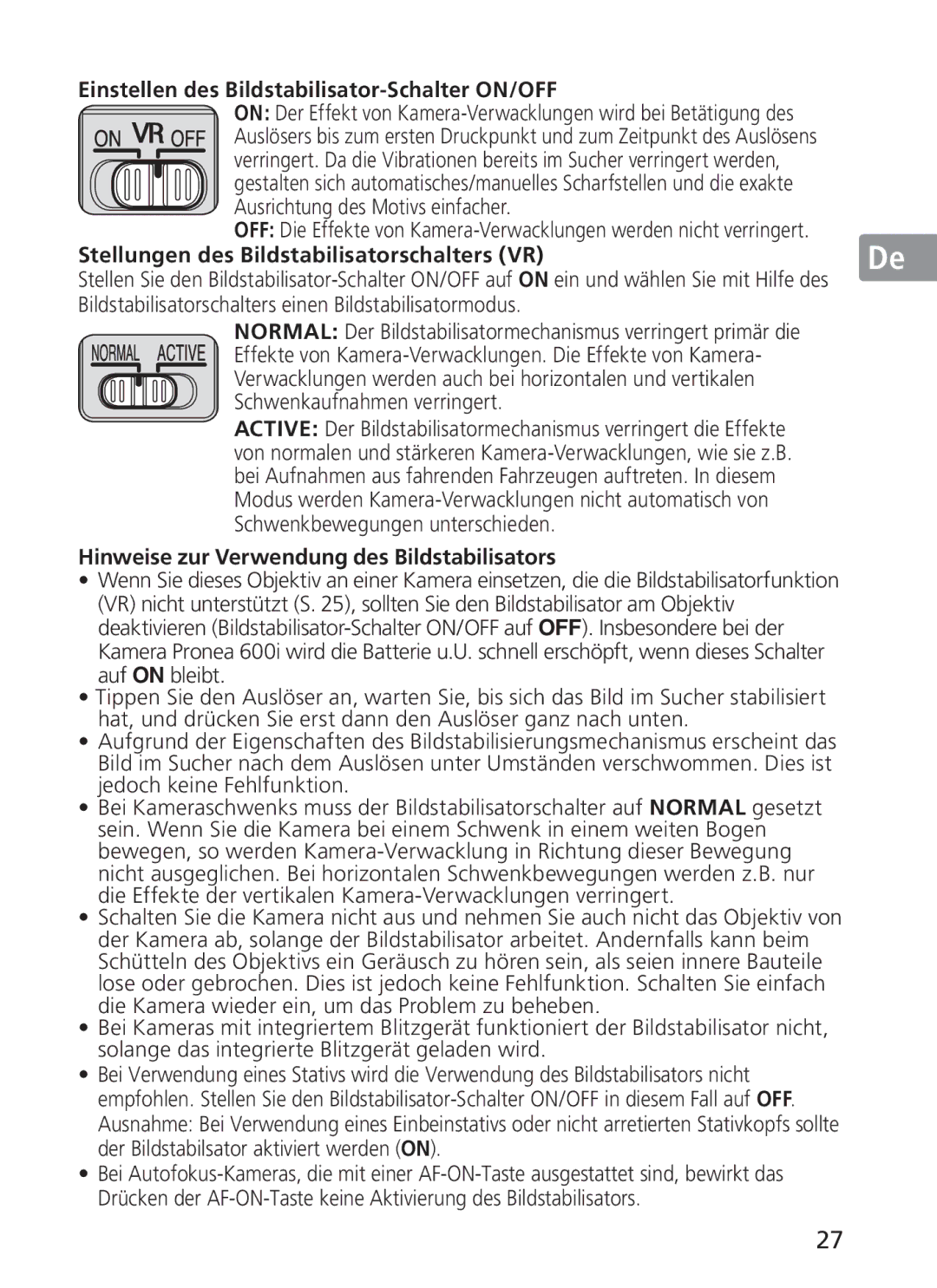 Nikon 2191 manual Einstellen des Bildstabilisator-Schalter ON/OFF, Stellungen des Bildstabilisatorschalters VR 