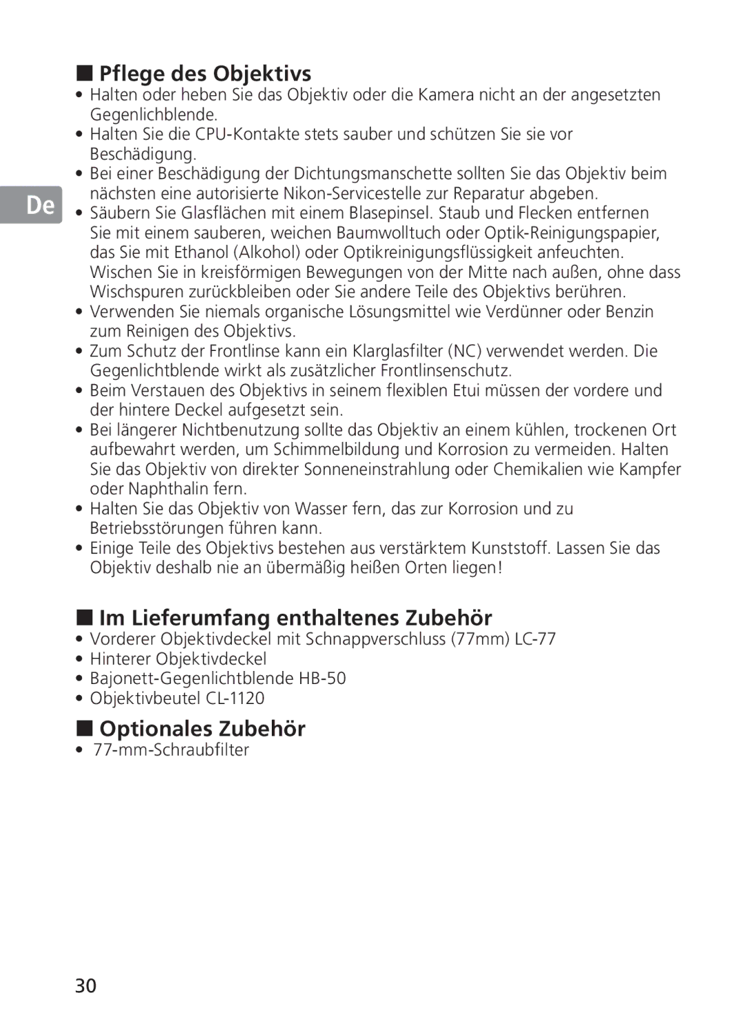 Nikon 2191 manual Pflege des Objektivs, Im Lieferumfang enthaltenes Zubehör, Optionales Zubehör, Mm-Schraubfilter 