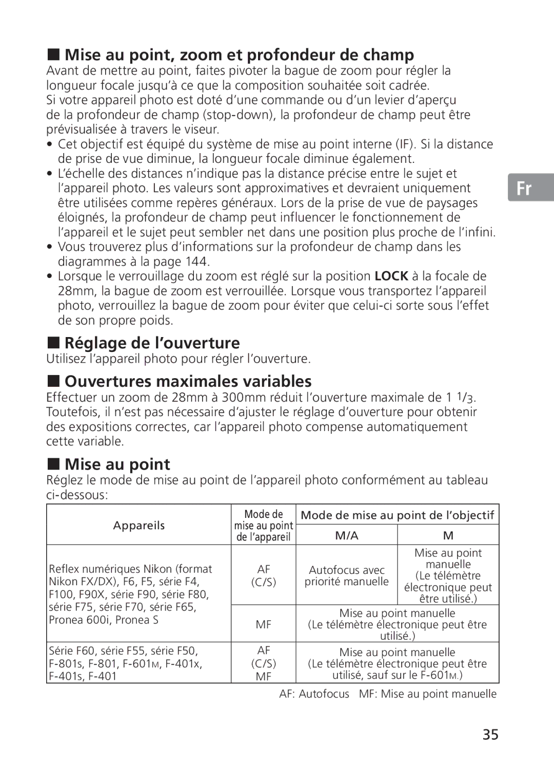 Nikon 2191 manual Mise au point, zoom et profondeur de champ, Réglage de l’ouverture, Ouvertures maximales variables 