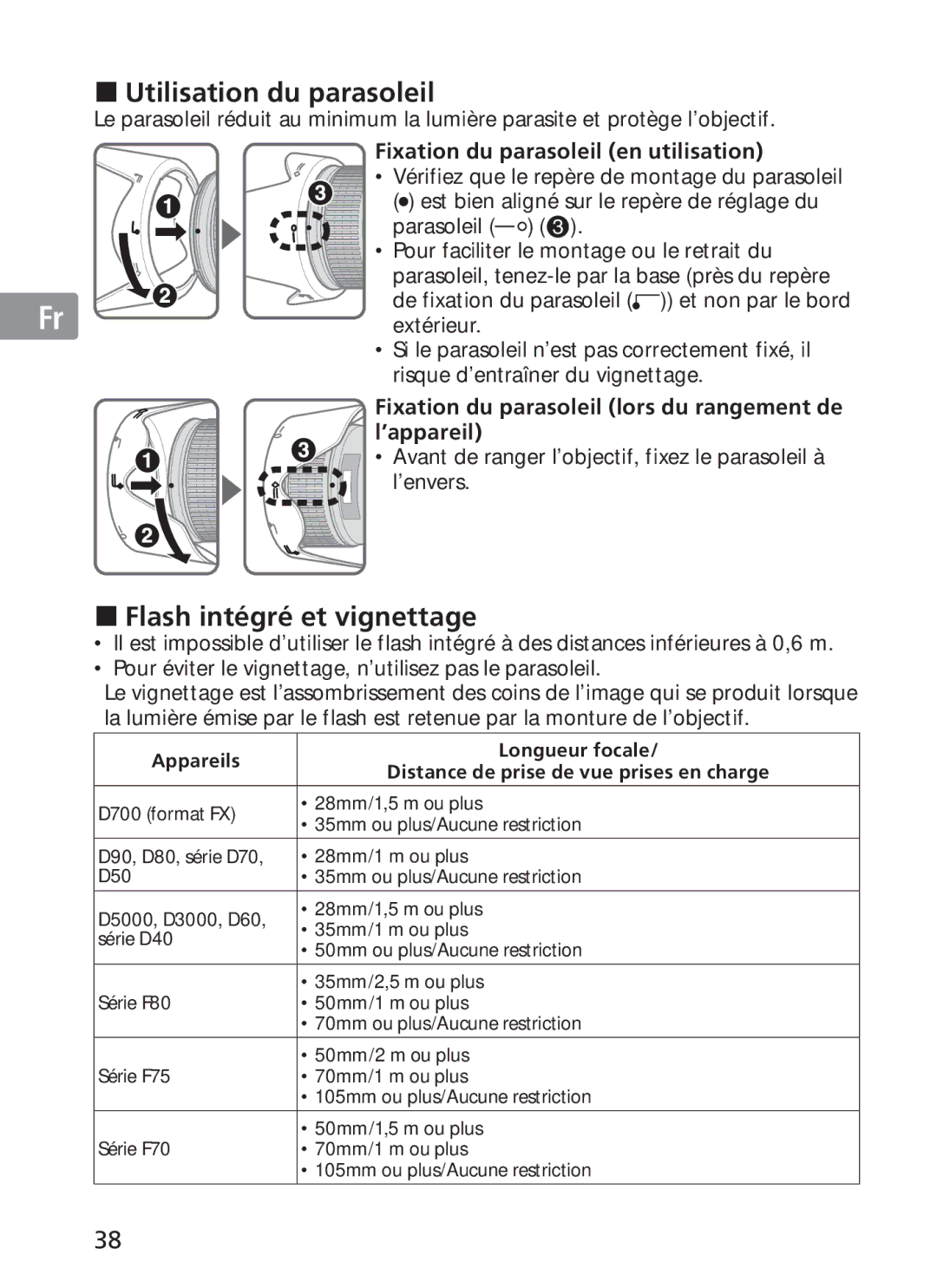 Nikon 2191 manual Utilisation du parasoleil, Flash intégré et vignettage, Fixation du parasoleil en utilisation 