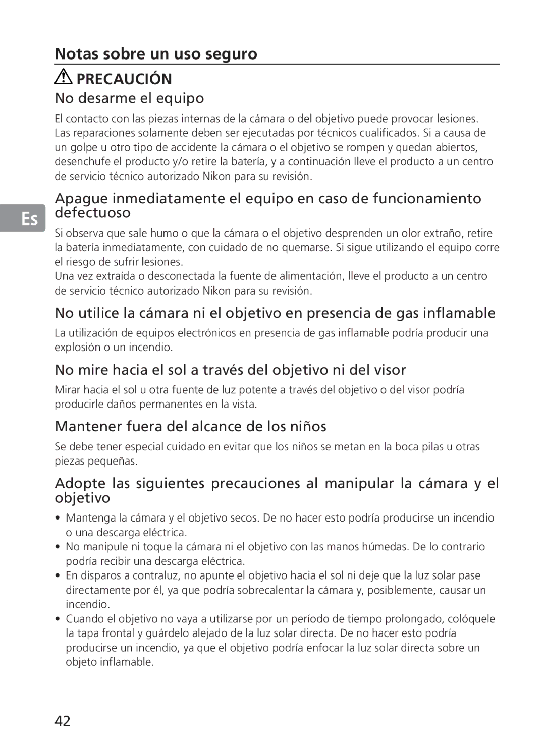 Nikon 2191 manual Notas sobre un uso seguro, No desarme el equipo, No mire hacia el sol a través del objetivo ni del visor 