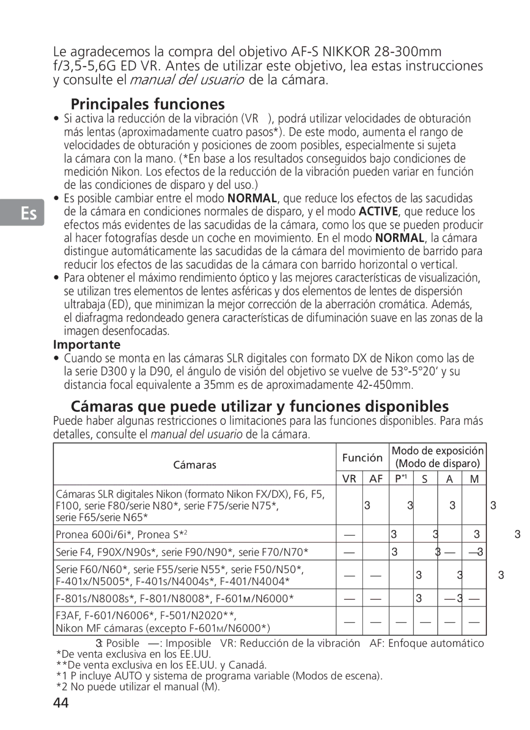 Nikon 2191 manual Principales funciones, Cámaras que puede utilizar y funciones disponibles, Importante 