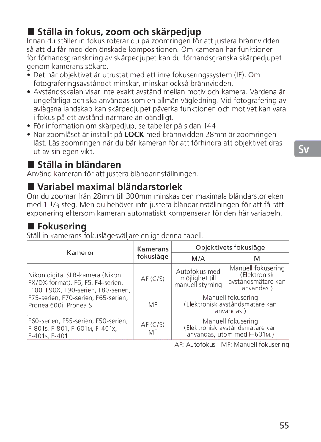 Nikon 2191 manual Ställa in fokus, zoom och skärpedjup, Ställa in bländaren, Variabel maximal bländarstorlek, Fokusering 