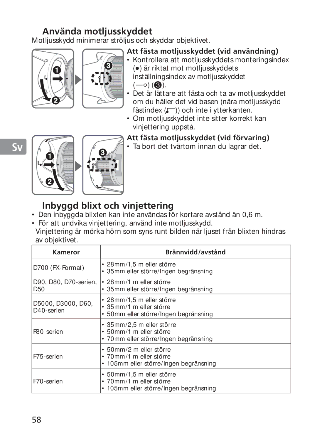 Nikon 2191 manual Använda motljusskyddet, Inbyggd blixt och vinjettering, Att fästa motljusskyddet vid användning 