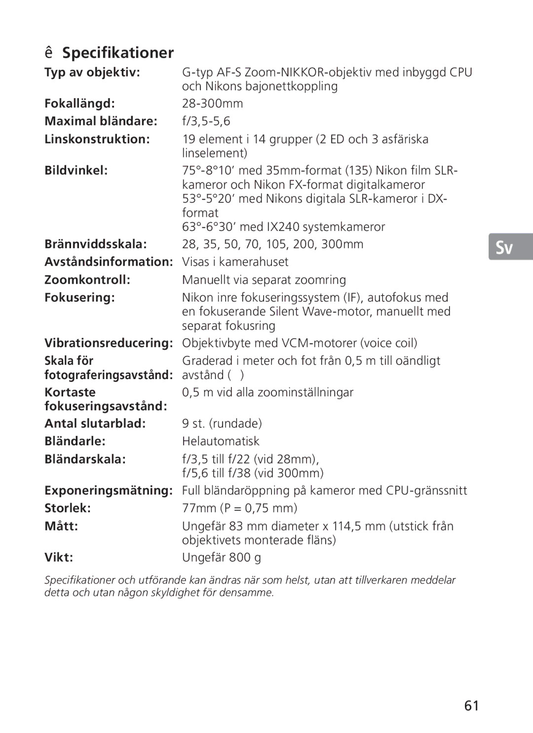 Nikon 2191 manual Specifikationer 