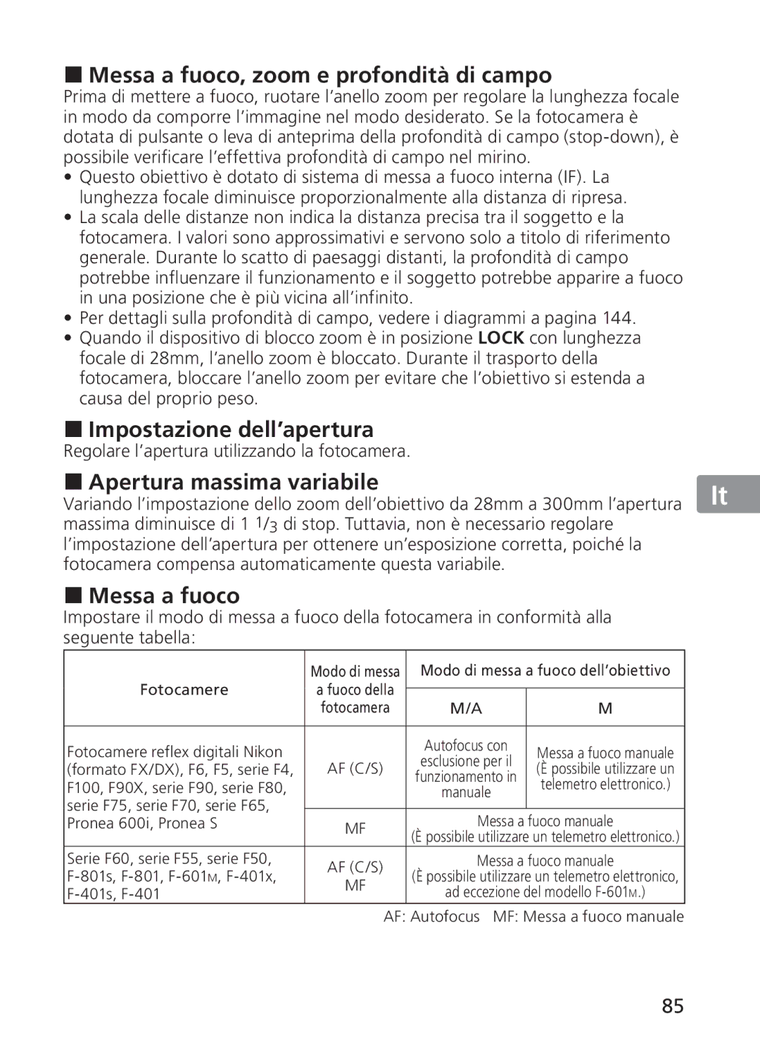 Nikon 2191 manual Messa a fuoco, zoom e profondità di campo, Impostazione dell’apertura, Apertura massima variabile 