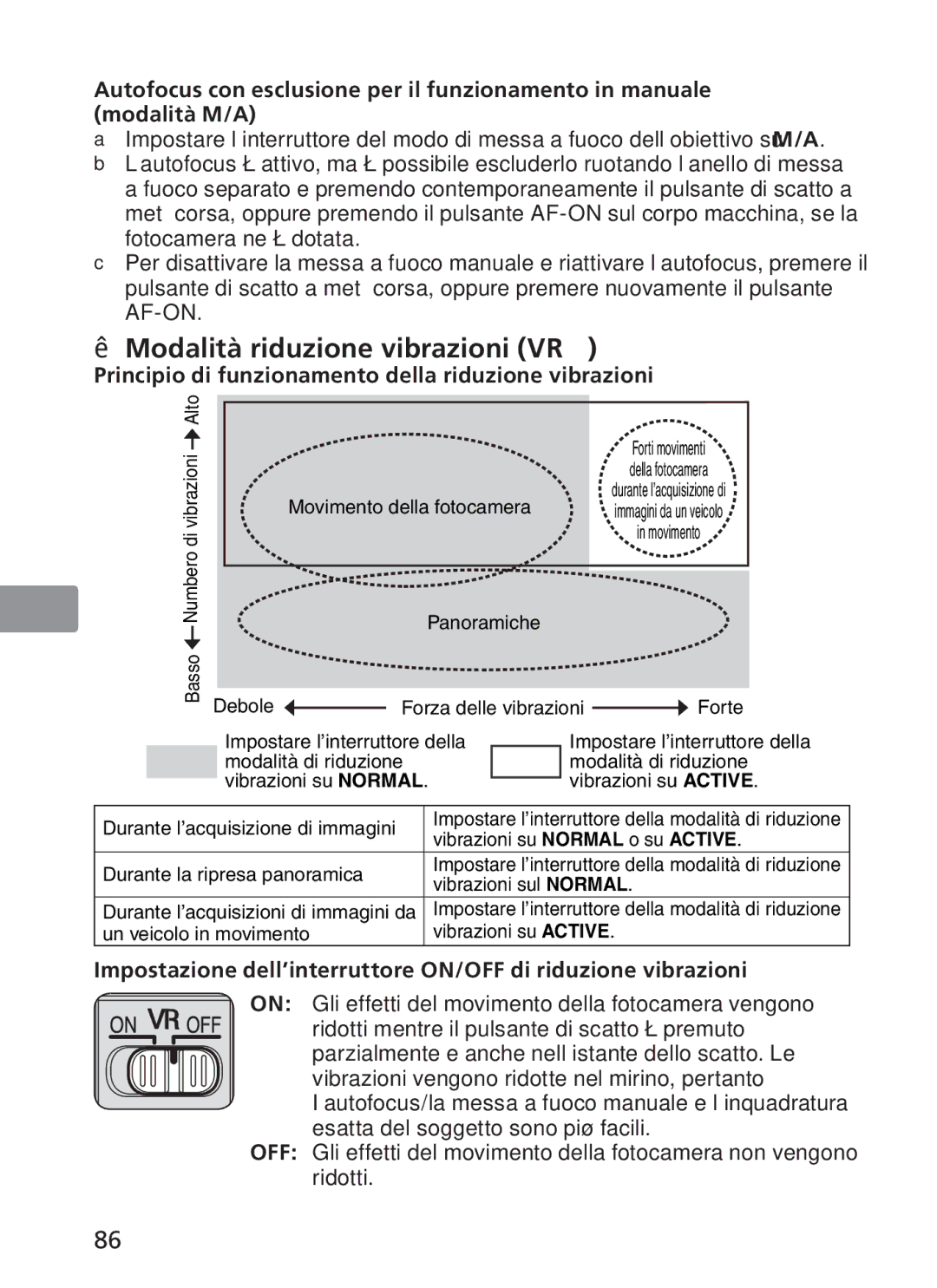 Nikon 2191 manual Modalità riduzione vibrazioni VRⅡ, Principio di funzionamento della riduzione vibrazioni 