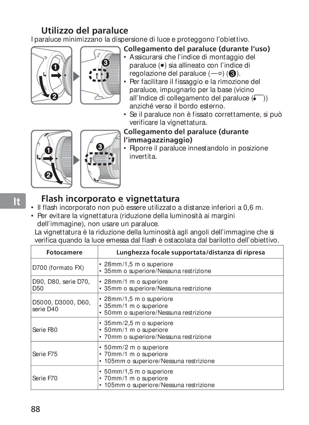 Nikon 2191 manual Utilizzo del paraluce, Flash incorporato e vignettatura, Collegamento del paraluce durante l’uso 