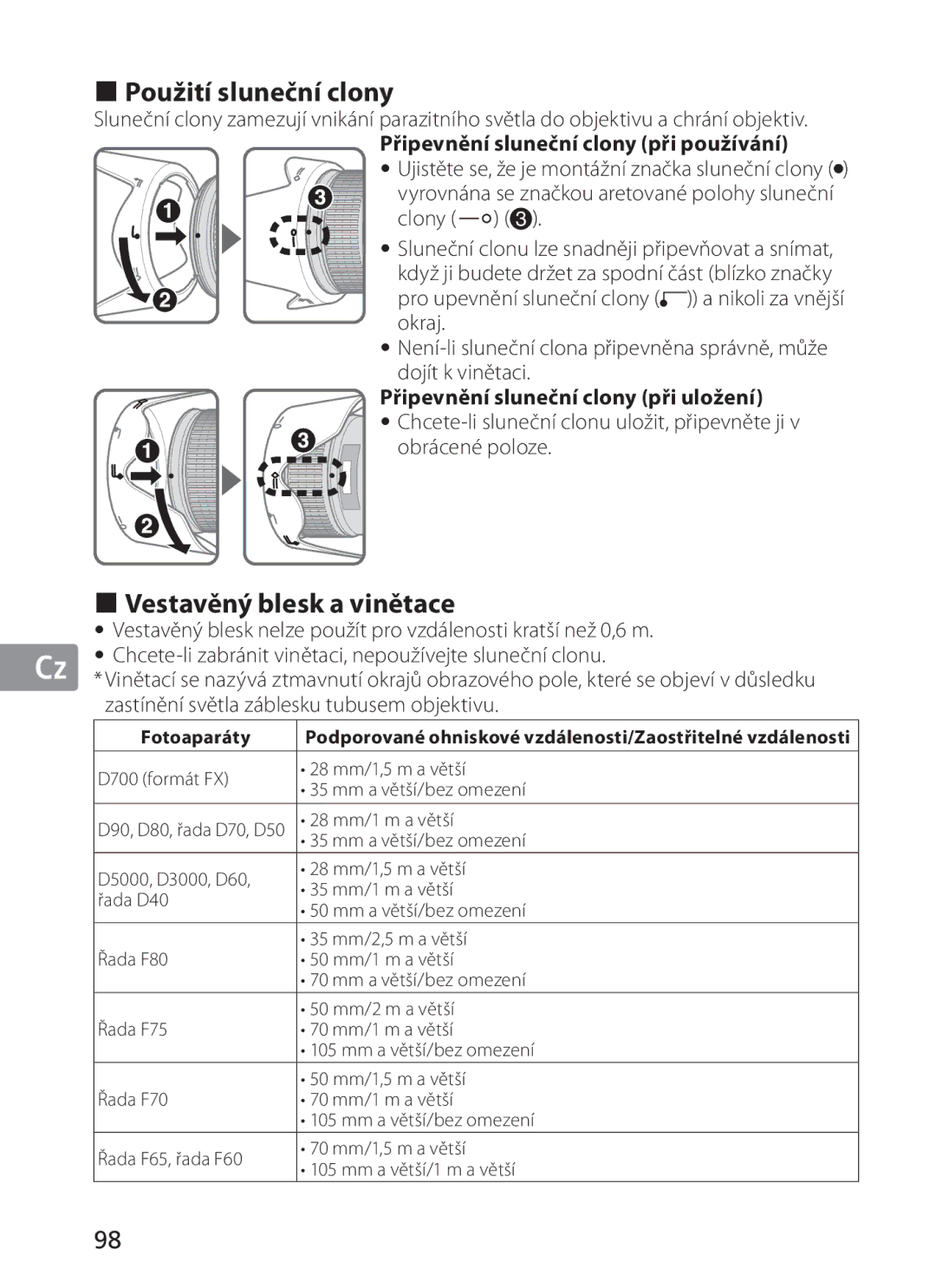 Nikon 2191 manual Použití sluneční clony, Vestavěný blesk a vinětace, Připevnění sluneční clony při používání, Fotoaparáty 