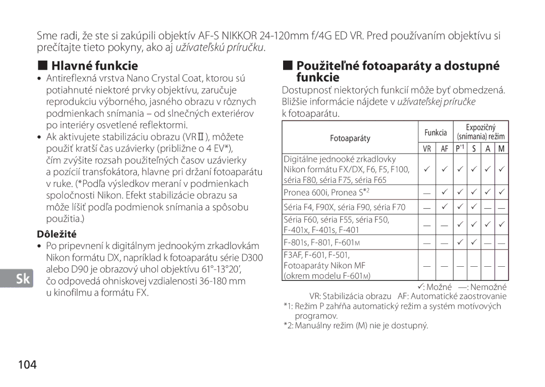 Nikon 2193 manual „ Hlavné funkcie, „ Použiteľné fotoaparáty a dostupné funkcie, 104, Dôležité, Fotoaparátu 