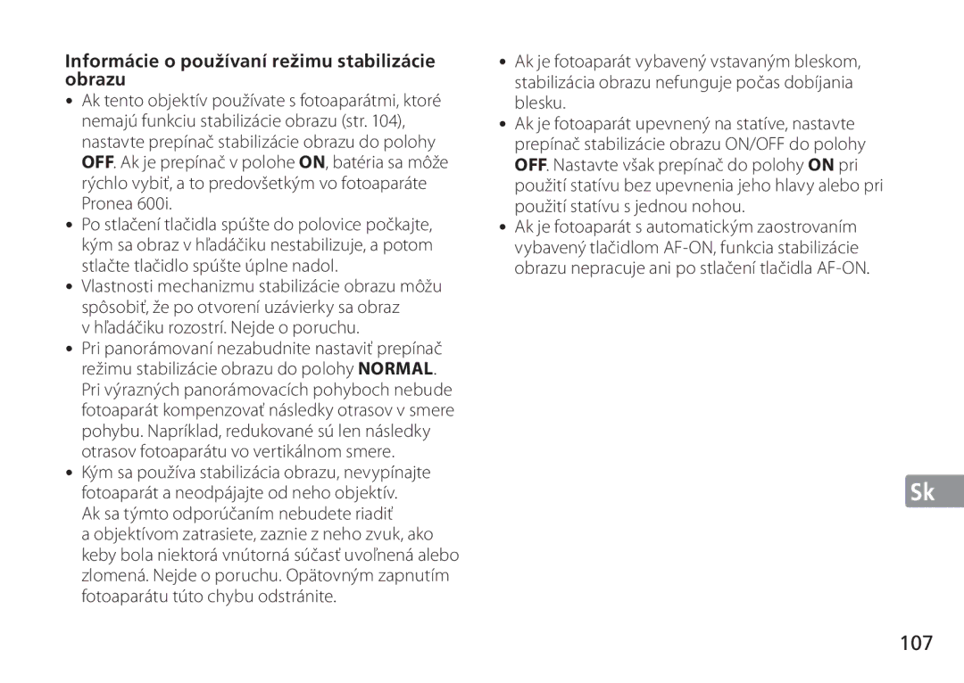 Nikon 2193 manual 107, Informácie o používaní režimu stabilizácie obrazu, Hľadáčiku rozostrí. Nejde o poruchu 