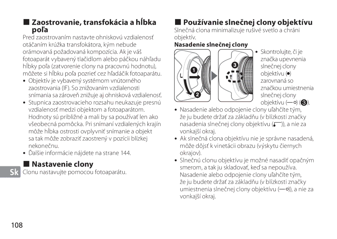 Nikon 2193 manual „ Zaostrovanie, transfokácia a hĺbka poľa, „ Nastavenie clony, „ Používanie slnečnej clony objektívu, 108 