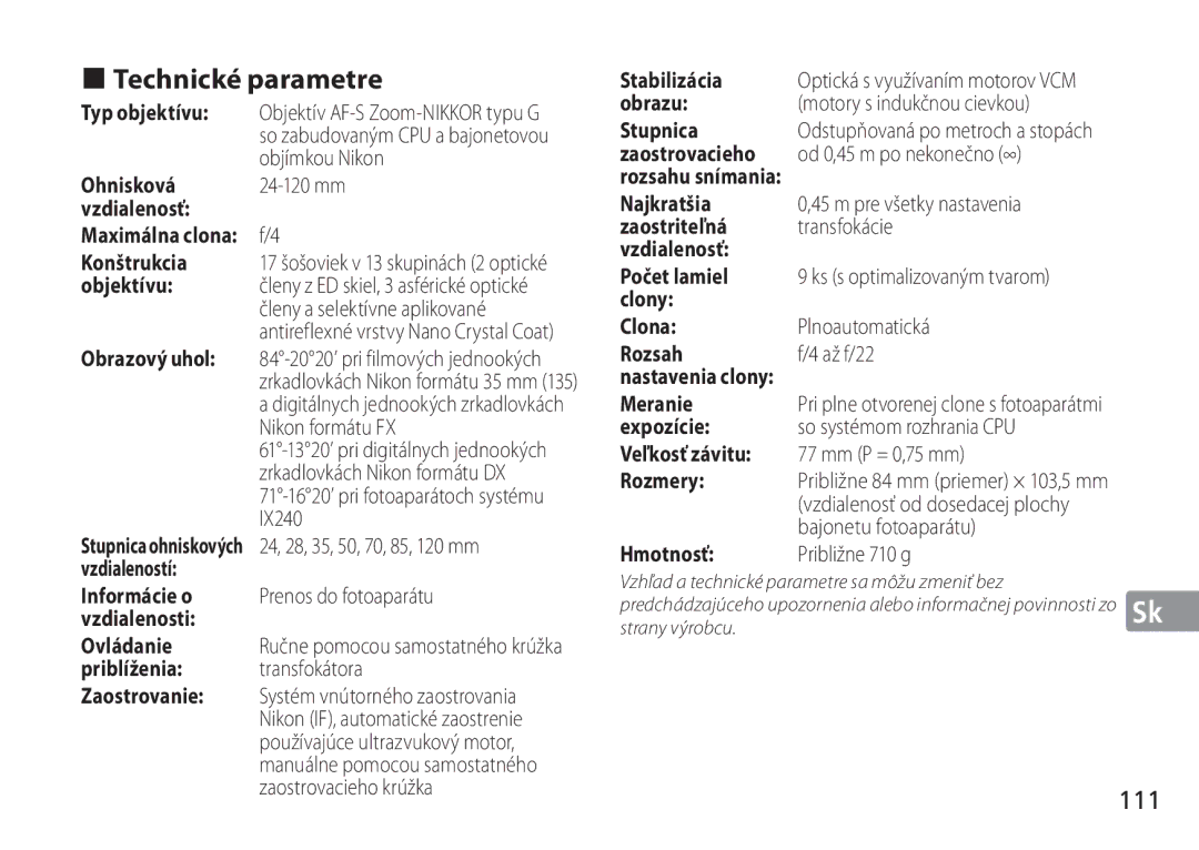 Nikon 2193 manual „ Technické parametre, 111 