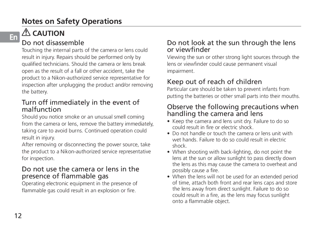 Nikon 2193 manual Do not disassemble, Do not look at the sun through the lens or viewfinder, Keep out of reach of children 