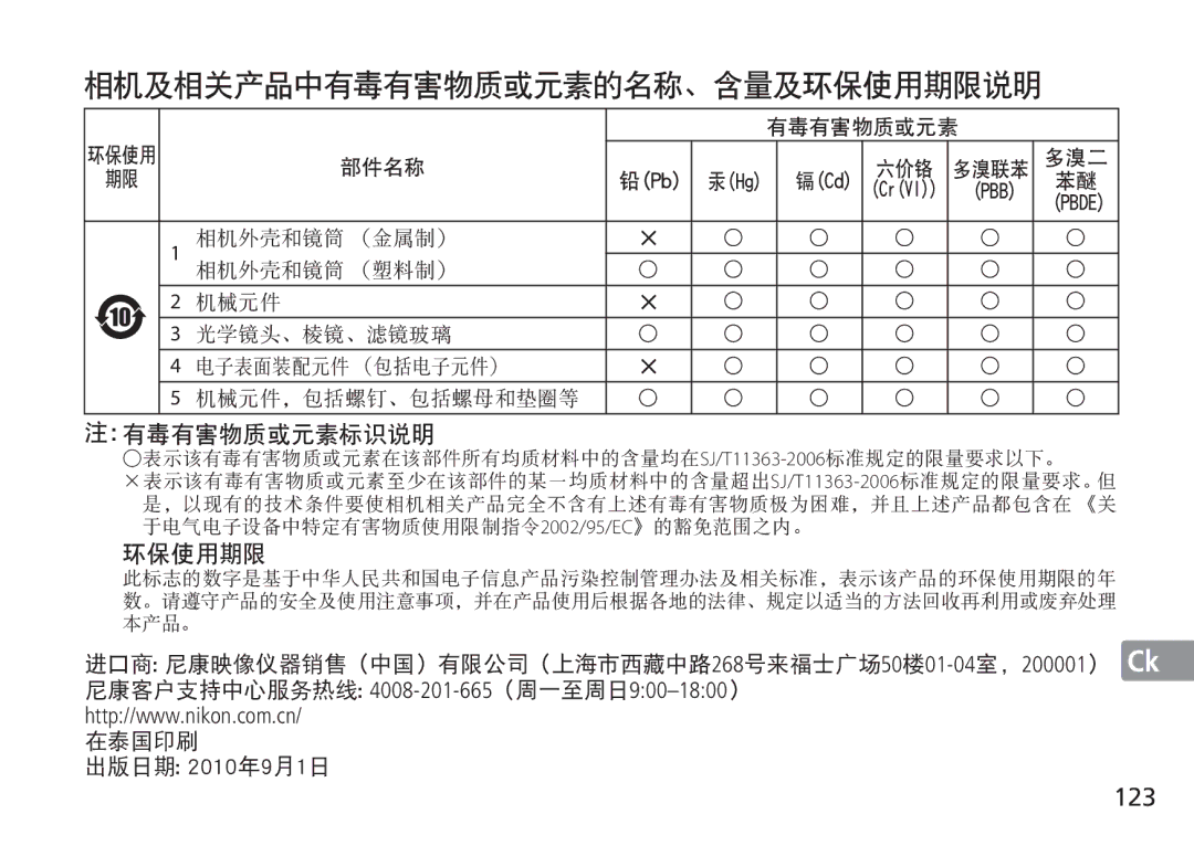 Nikon 2193 manual 123, 尼康客户支持中心服务热线 4008-201-665（周一至周日900-1800）, 出版日期 2010 年9 月1 日 