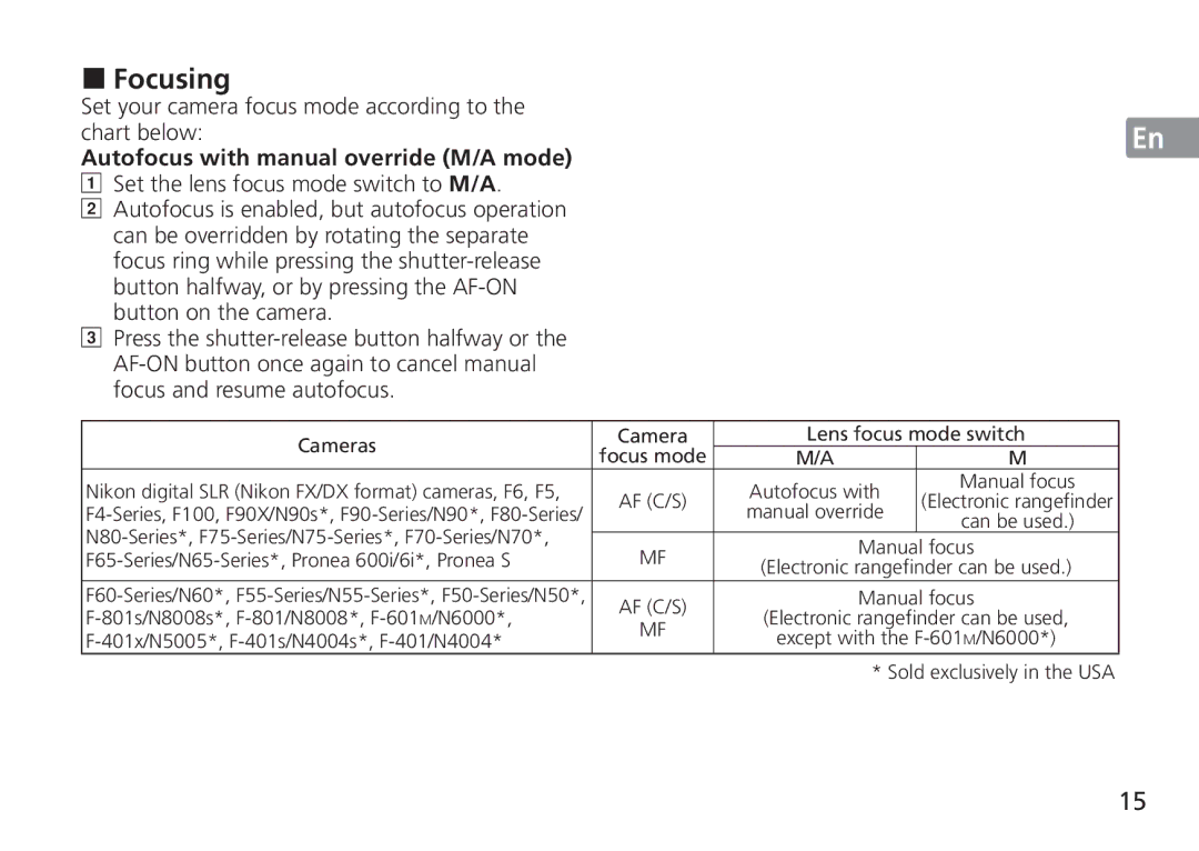 Nikon 2193 manual „ Focusing, Set your camera focus mode according to the chart below 