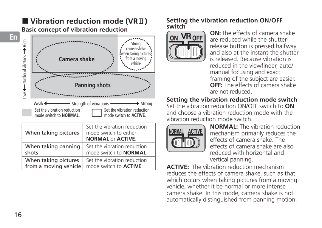 Nikon 2193 manual „ Vibration reduction mode VRⅡ, Basic concept of vibration reduction, Camera shake, Panning shots 