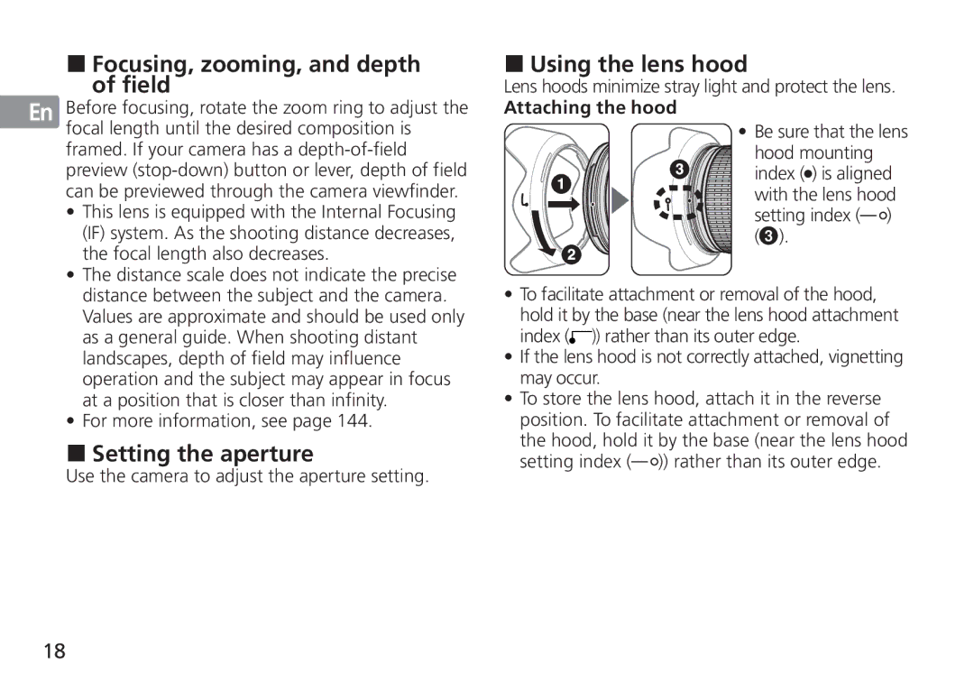 Nikon 2193 „ Focusing, zooming, and depth of field, „ Setting the aperture, „ Using the lens hood, Attaching the hood 