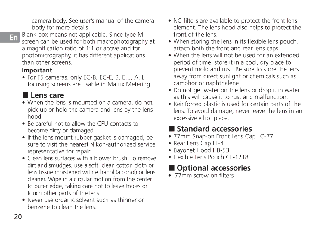 Nikon 2193 manual „ Lens care, „ Standard accessories, „ Optional accessories, 77mm screw-on filters 