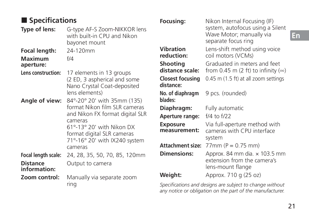 Nikon 2193 manual „ Specifications 