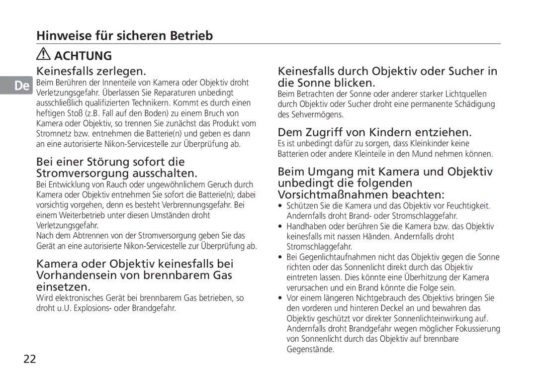 Nikon 2193 Hinweise für sicheren Betrieb, Keinesfalls zerlegen, Bei einer Störung sofort die Stromversorgung ausschalten 