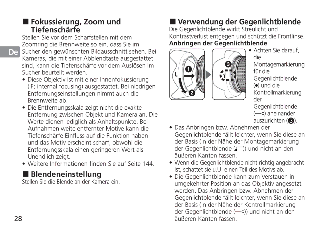 Nikon 2193 Jp „ Fokussierung, Zoom und Tiefenschärfe, „ Verwendung der Gegenlichtblende, Anbringen der Gegenlichtblende 