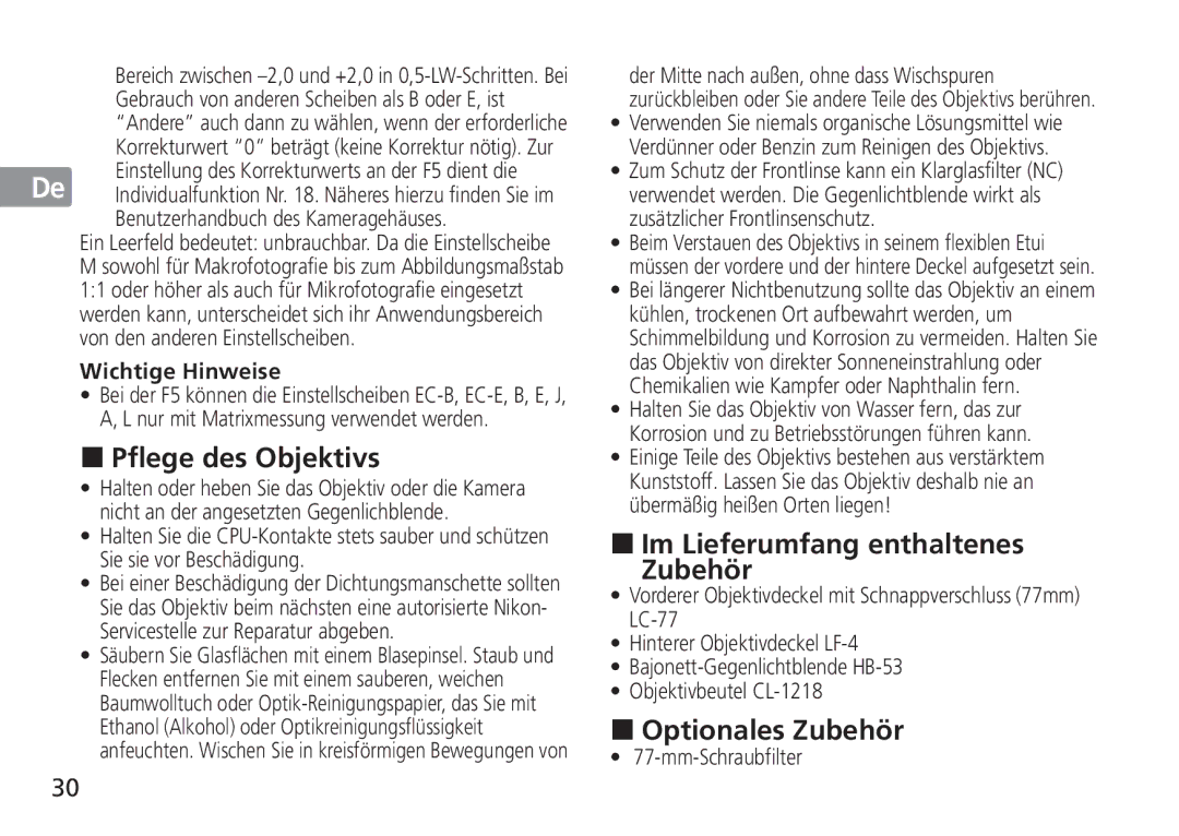 Nikon 2193 manual „ Pflege des Objektivs, „ Im Lieferumfang enthaltenes Zubehör, „ Optionales Zubehör, Mm-Schraubfilter 