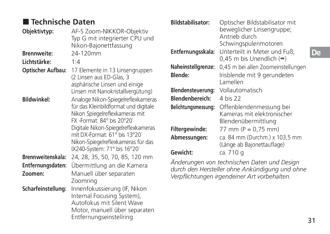 Nikon 2193 manual „ Technische Daten 