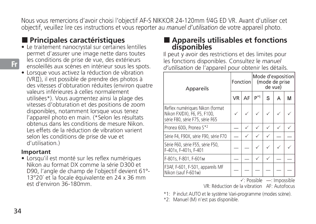 Nikon 2193 manual „ Principales caractéristiques, „ Appareils utilisables et fonctions disponibles 