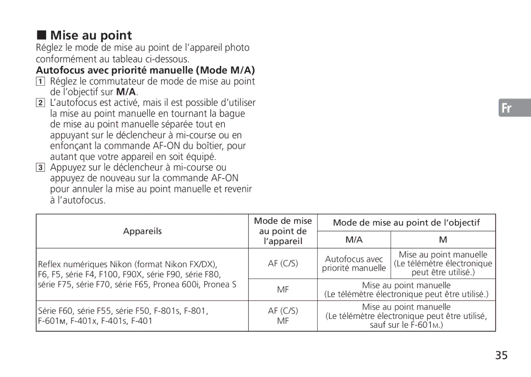 Nikon 2193 manual „ Mise au point, Autofocus avec priorité manuelle Mode M/A 