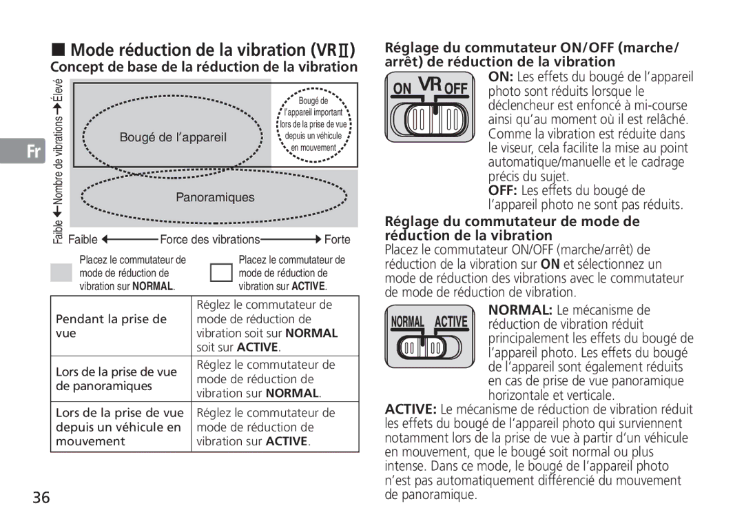 Nikon 2193 manual „ Mode réduction de la vibration VRⅡ, Réglage du commutateur de mode de réduction de la vibration 