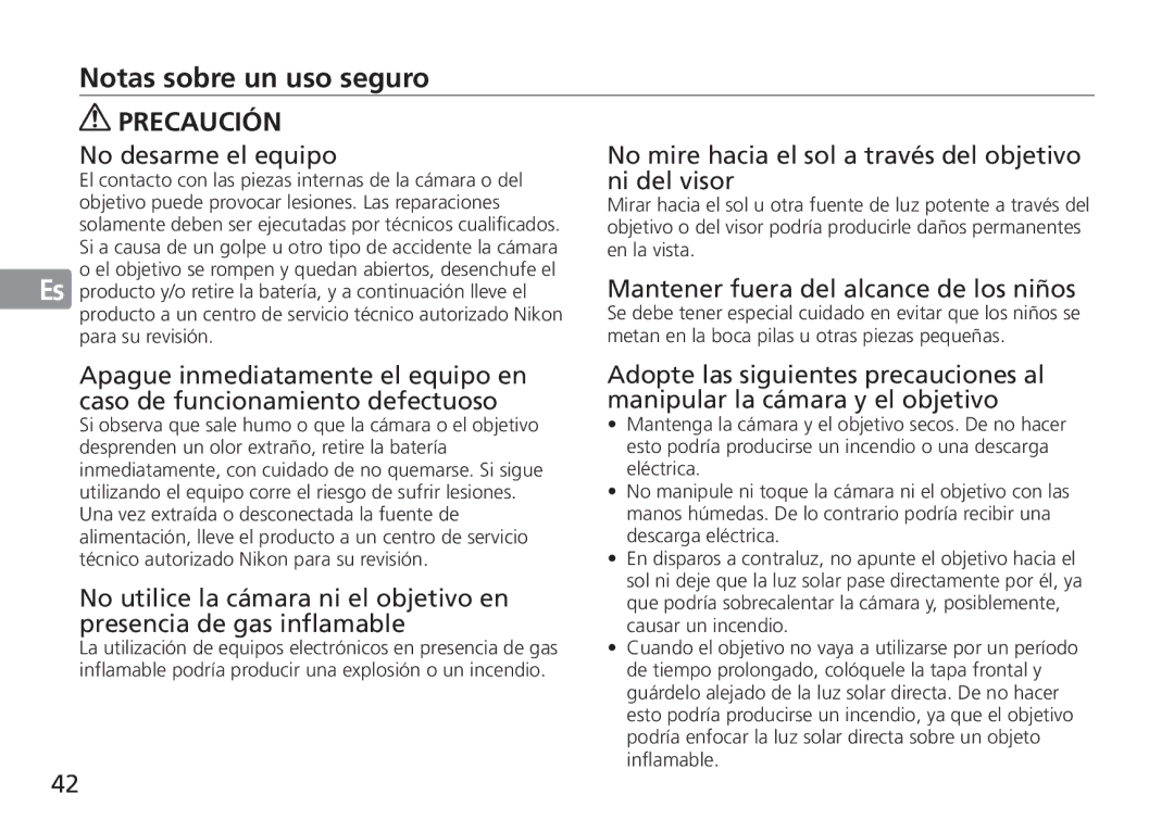 Nikon 2193 manual Notas sobre un uso seguro, No desarme el equipo, No mire hacia el sol a través del objetivo ni del visor 