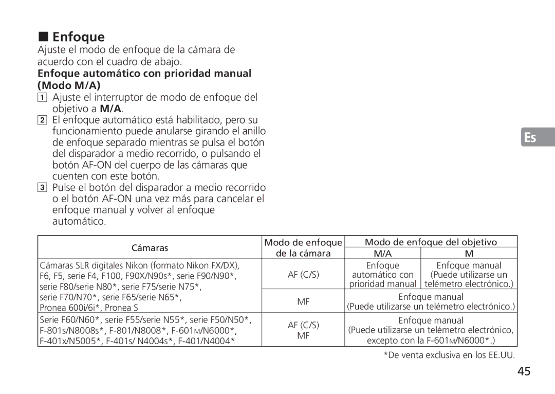 Nikon 2193 „ Enfoque, Enfoque automático con prioridad manual Modo M/A, F6, F5, serie F4, F100, F90X/N90s*, serie F90/N90 