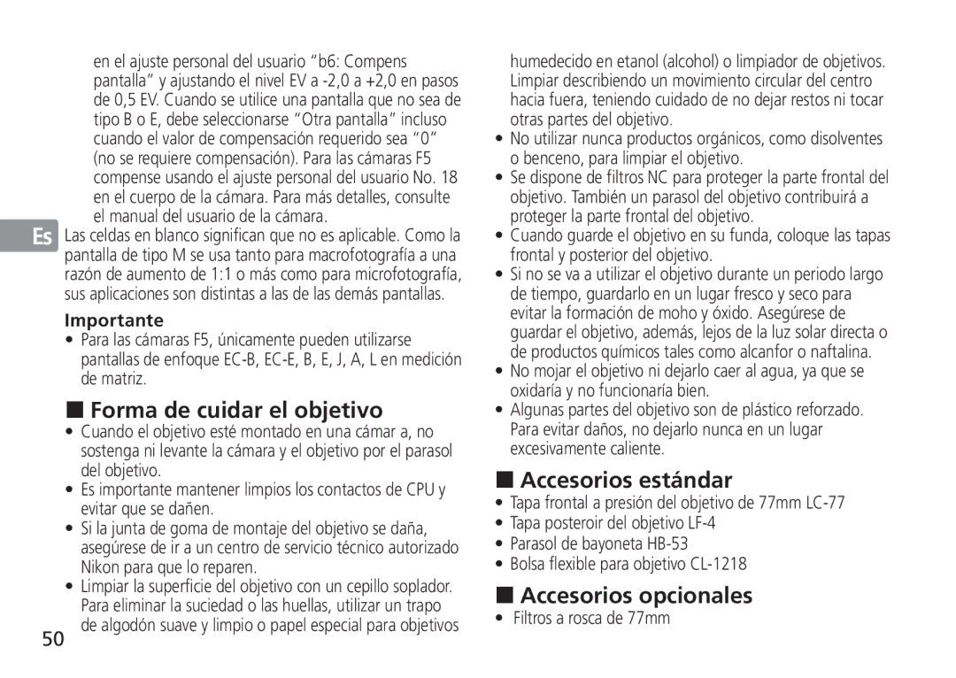 Nikon 2193 manual „ Forma de cuidar el objetivo, „ Accesorios estándar, „ Accesorios opcionales, Ru Importante 